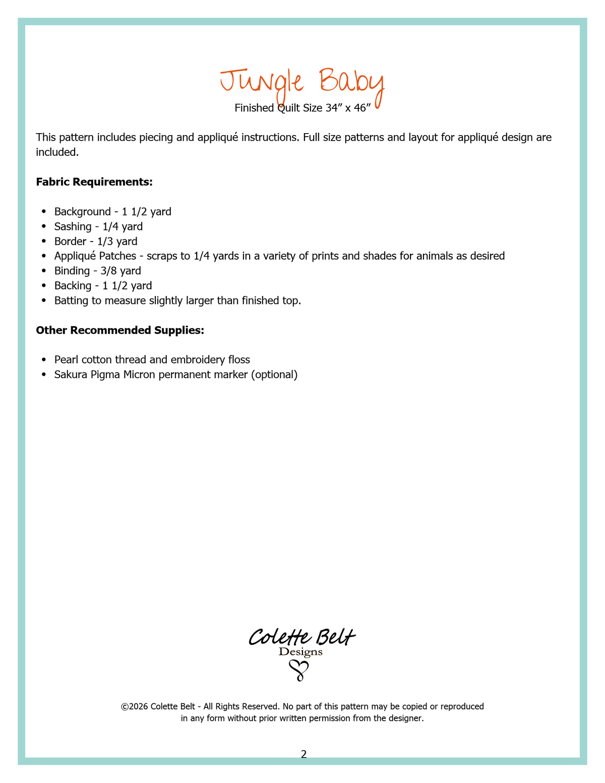 Jungle Baby Quilt Pattern PDF Download