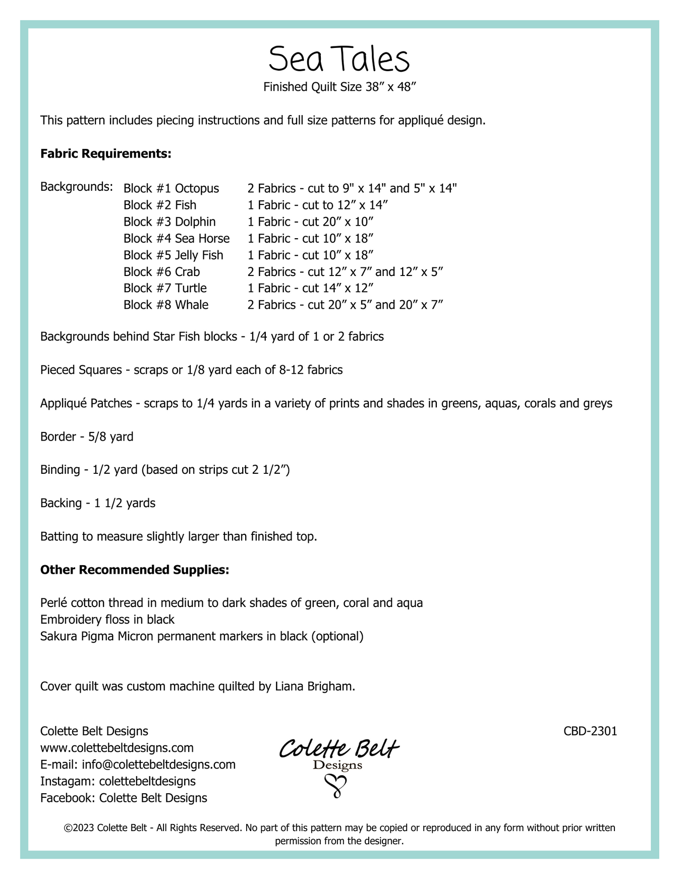 Sea Tales Quilt Pattern Colette Belt Designs